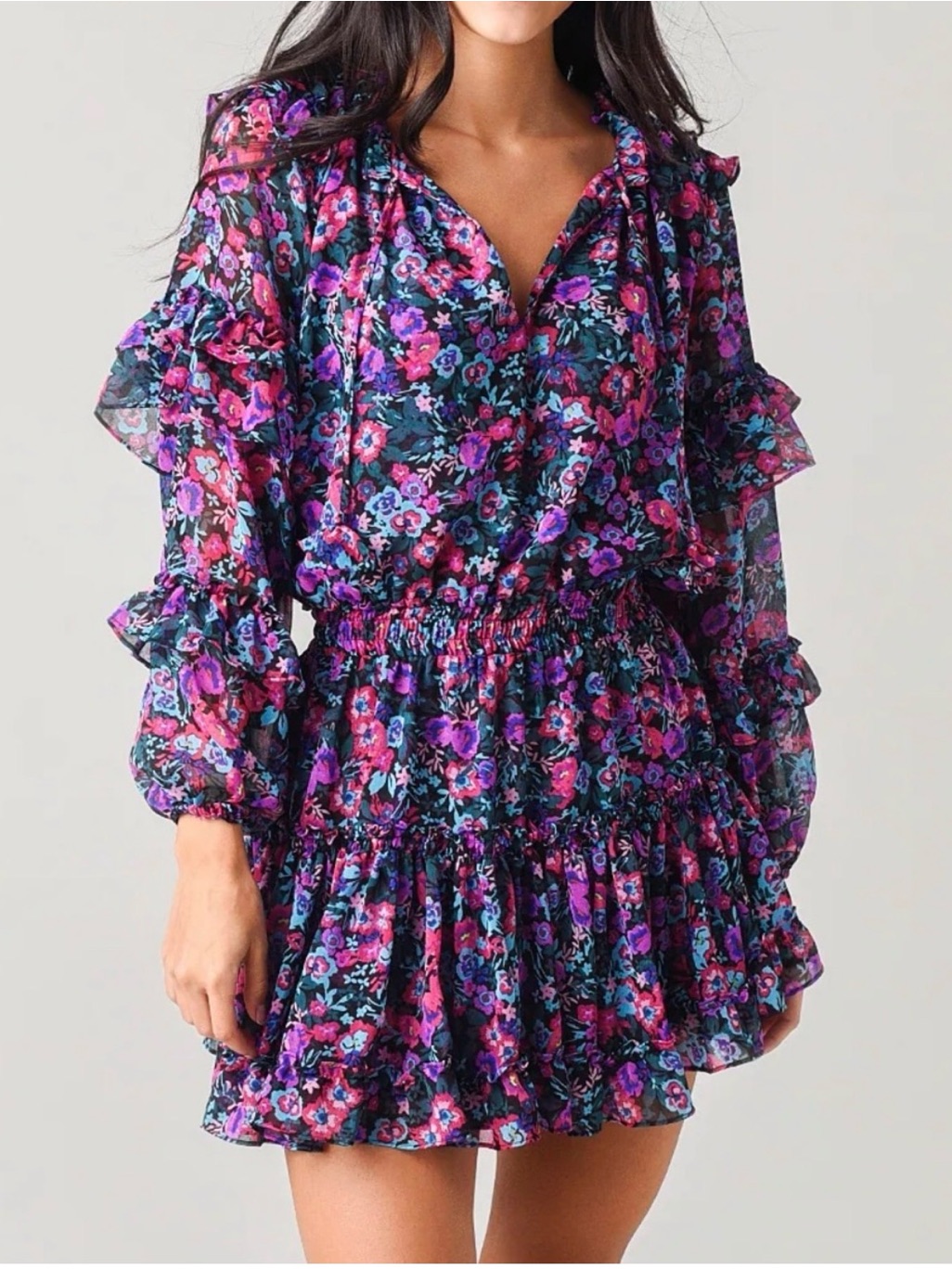 Misa Los Angeles Rizhou Mini Dress Purple Floral Ballon Sleeve Ruffle Size Xs